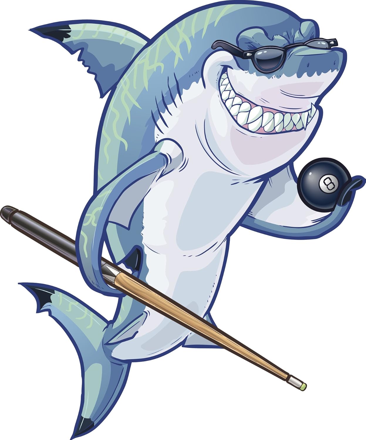 Smiling Grinning Fun Great White Shark Occupation Cartoon - Billiards Pool Player Vinyl Sticker (12" Tall)