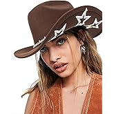 Bling Rhinestone Western Cowgirl Hat for Women Men, Rolled Up Sparkly Star Felt Fedora, Retro Turquoise Cowboy Hat M