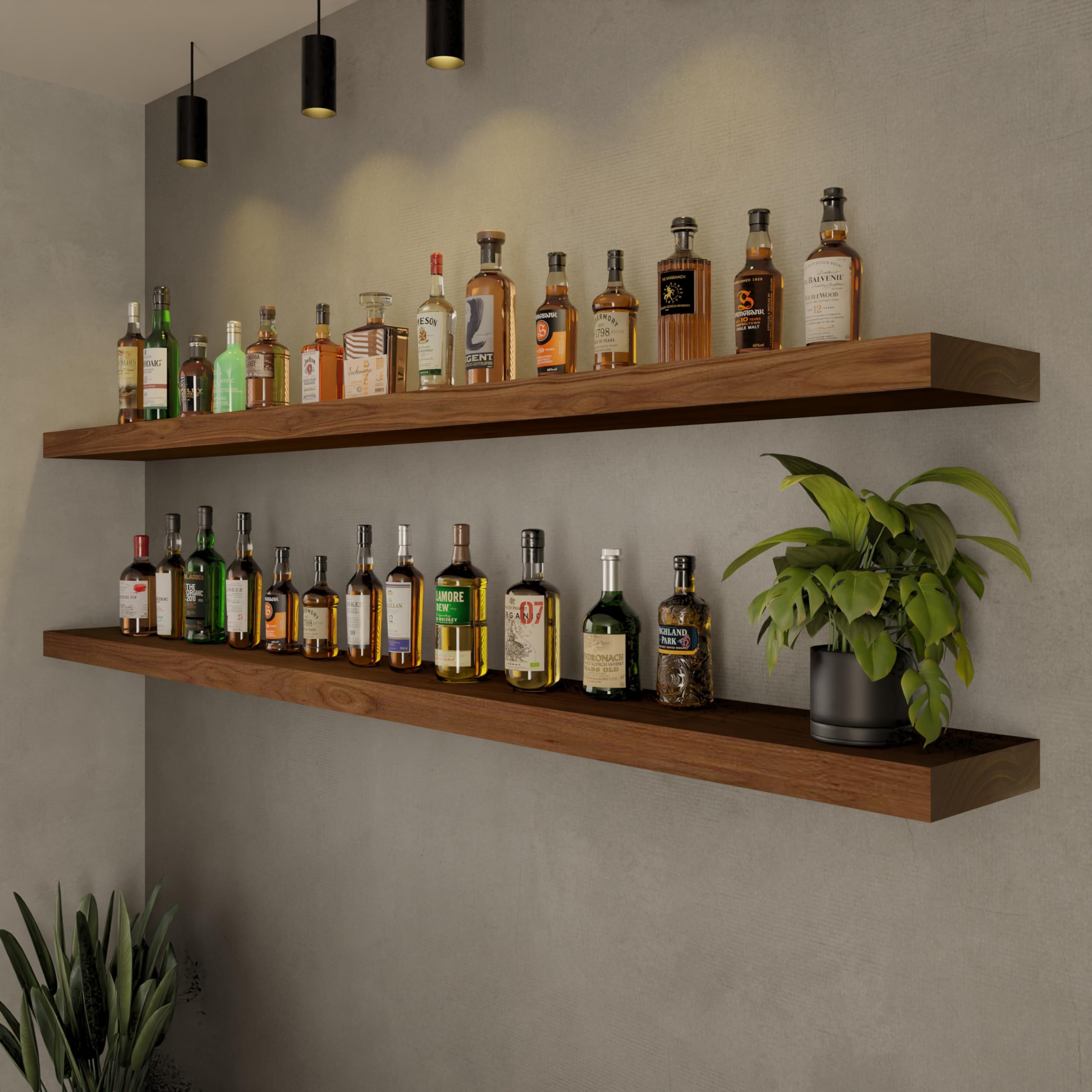 Photo 1 of ROGMARS 72 Inches Long Walnut Floating Shelves,Rustic Solid Wood Farmhouse Wall Shelves with Invisible Brackets for Bathroom, Living Room, Bedroom, Kitchen Set of 2