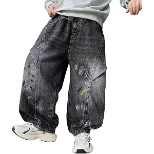 Boys Y2K Baggy Jeans Wide Leg Skater Pants Loose Fit Denim Pants Long Trousers Painted Streetwear Fashion Rock Grunge Cool