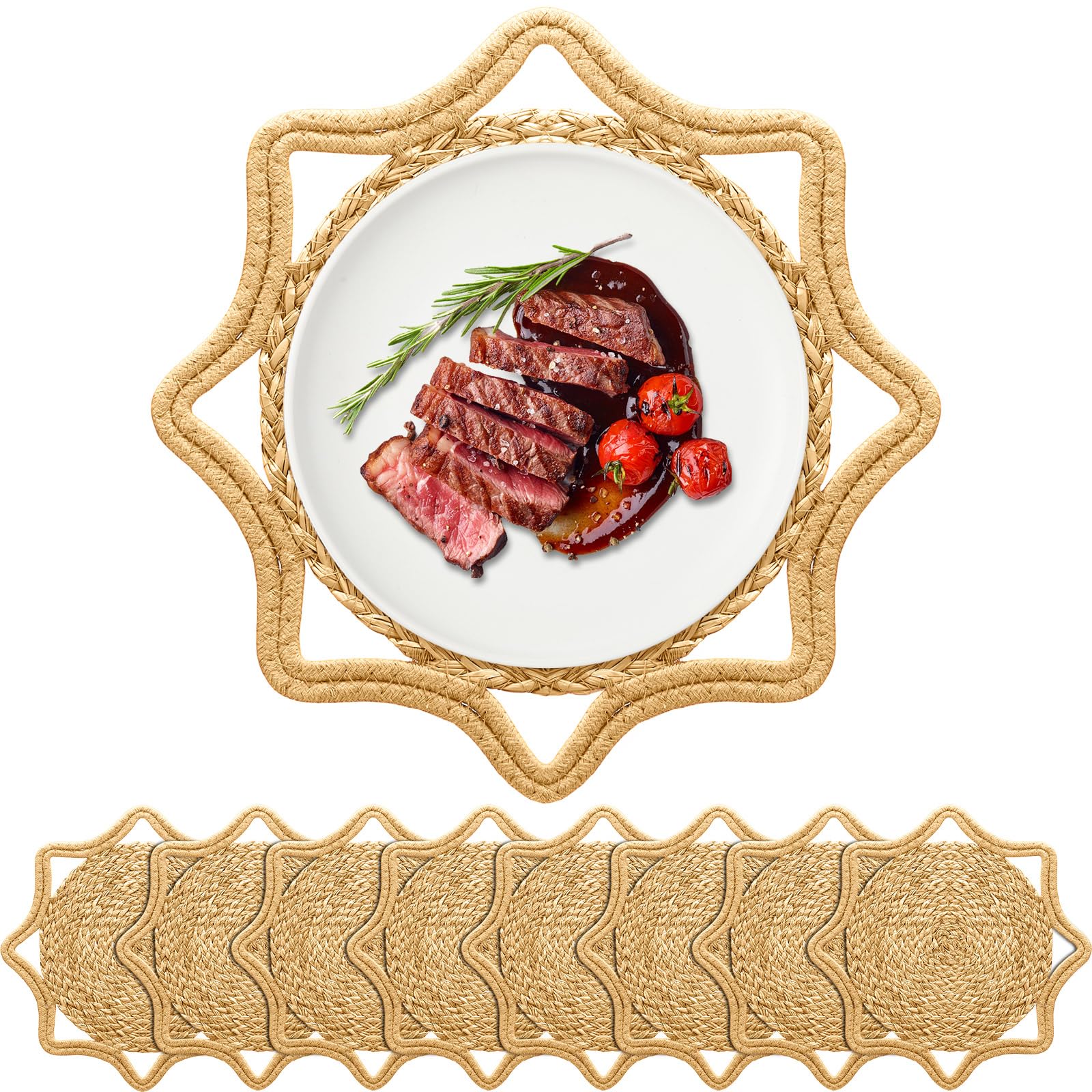 Photo 1 of Scalloped Rattan Placemats Set of 8, 11.8 Inch Boho Woven Round Placemats Christmas Farmhouse Rustic Braided Wicker Table Mats for Housewarming Gifts Home Wedding Party Dining Table Decor