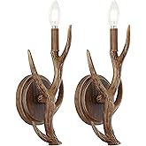 JONATHAN Y 5.5" Brown Wood Finish Faux Antler LED Vanity Light Set of 2, Rustic Wall Sconces for Bathroom Mirror Hallway, Sou
