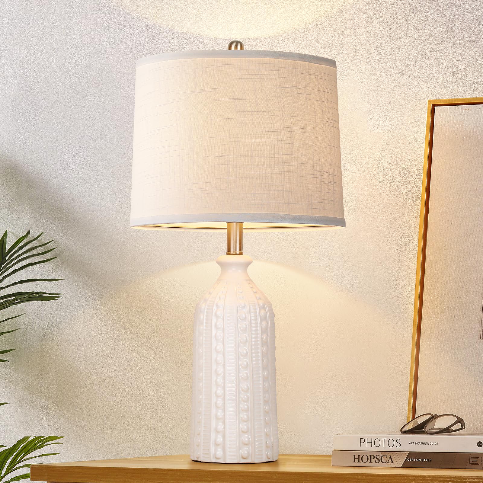 Photo 1 of JUNNAI White Ceramic Table Lamp 24.5": 3-Way Dimmable Bedside Lamp with White Drum Slub Shade, Modern Nightstand Lamp for Bedroom & Living Room (Bulb Included)