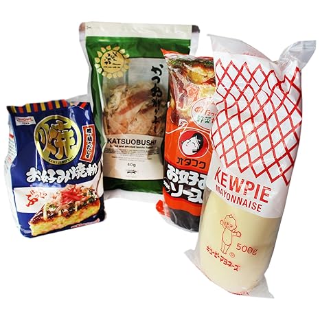 Okonomiyaki Set (bestehend aus Okonomiyaki Sauce 500g, Japanische Mayo 450g, Bonitoflocken, Showa Mehl 400g)