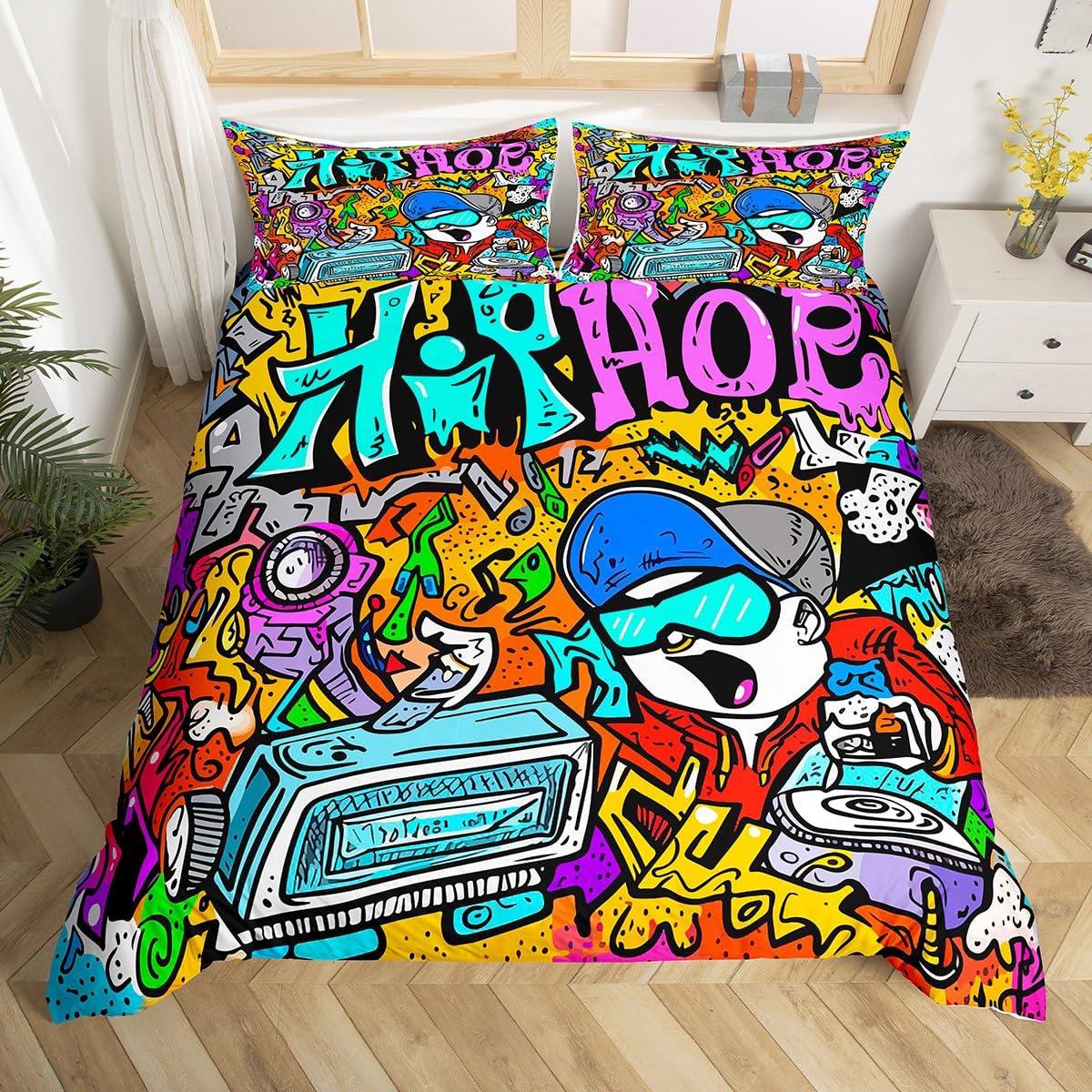 Boys Hip Hop Bedding Set for Kids Boys Teens Youth Hippie Duvet Cover 3 Pieces 200 x 200cm & 2Pillowcase Watercolor Graffiti Soft Microfiber Graffiti Wall Art Design Comforter Cover with Zipper — image 1