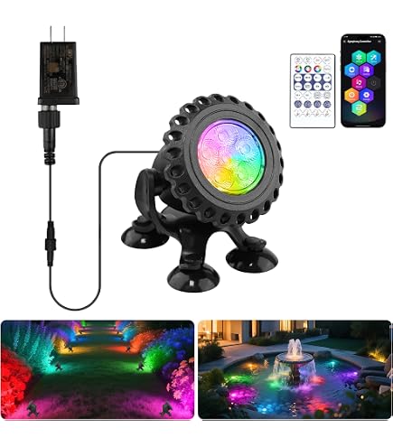 T-SUN Color Changing Pond Lights – 2-Head LED Underwater Fountain Light Kit, APP & Remote Control, 9.8ft Cord, IP68 Waterproof, Submersible For Koi Pond, Aquarium & Garden