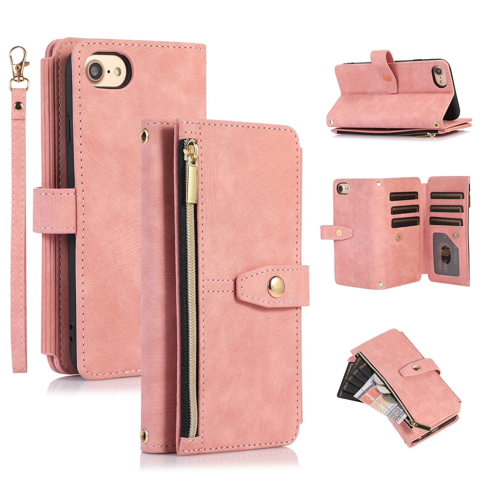 UEEBAI Case for iPhone 7/8/SE 2022 5G/SE 2020, 9 Card Slots Retro Leather Wallet Shockproof Flip Cover with Hand Strap Card Slots Zipper Pocket Kickstand Magnetic - Vintage Rose