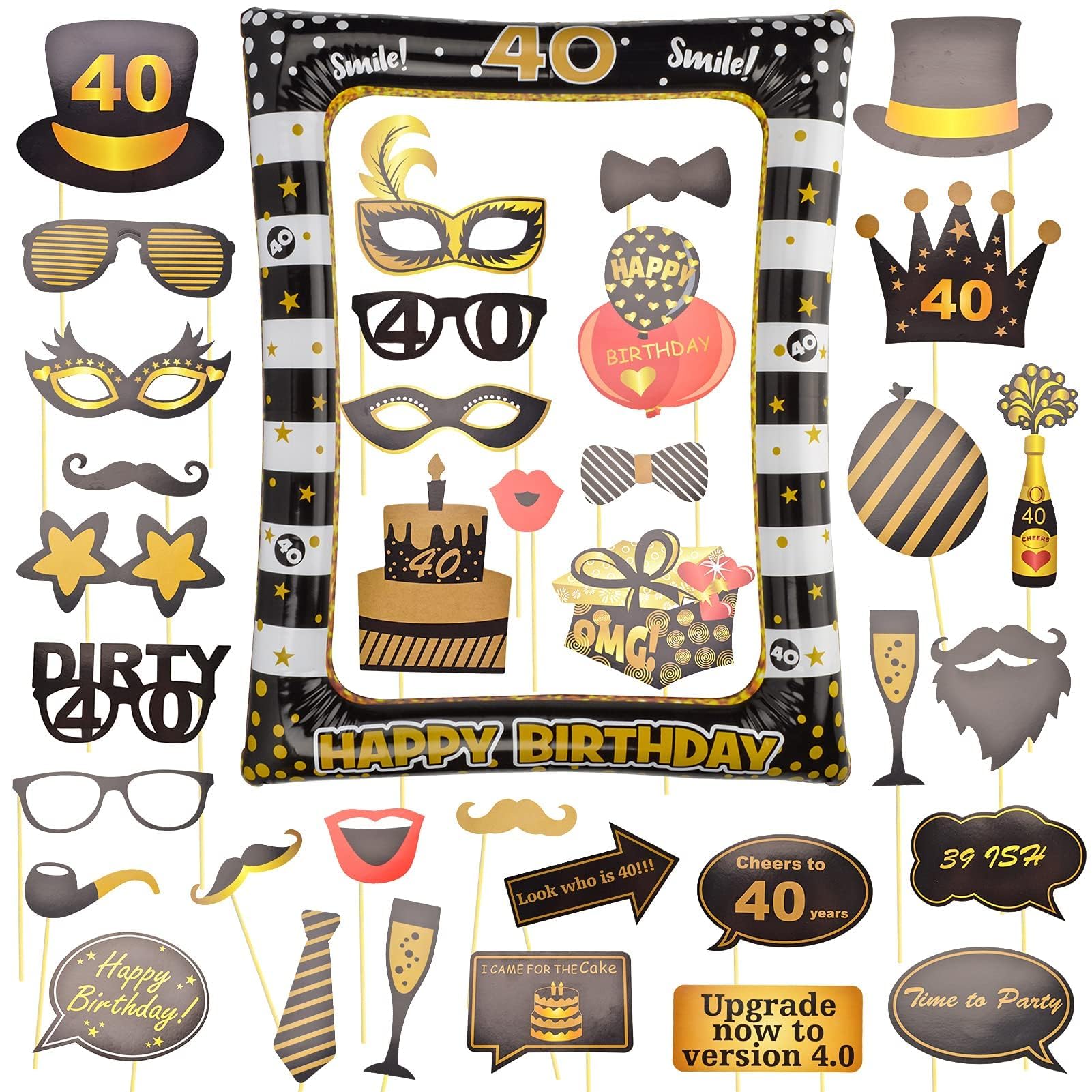 AIBAOBAO 35Pcs 40th Birthday Decorations Men Women, Black Gold Inflatable Selfie Frame & Photo Booth Props, Giant Inflatable Party Photo Booth Frame for 40th Birthday Party Decoration, Badge — image 1