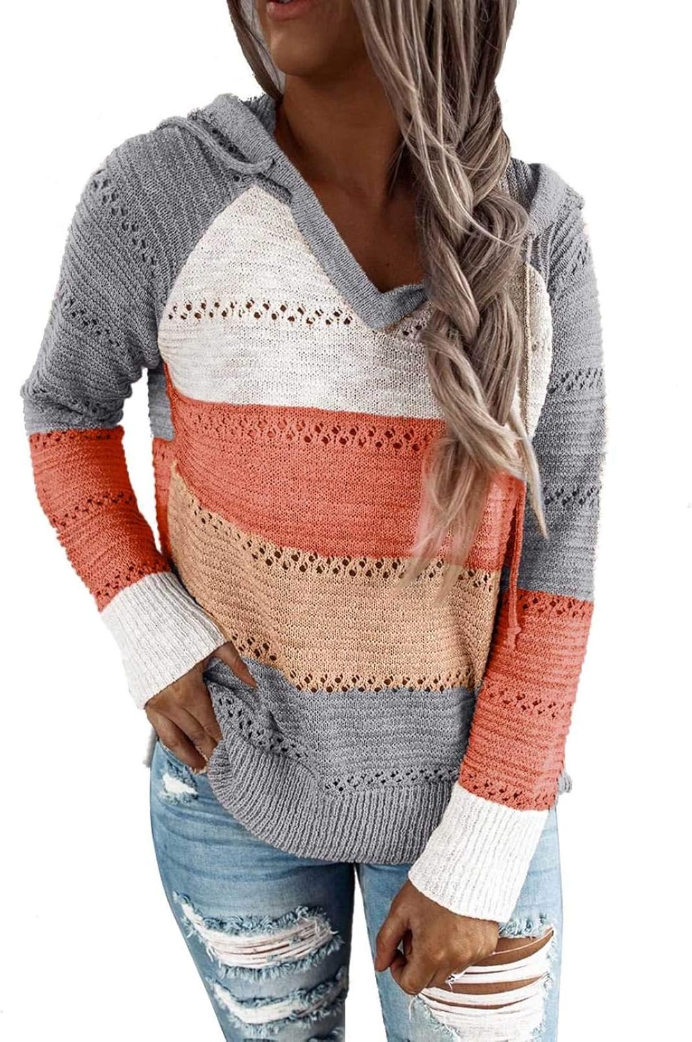 Biucly Women's Lightweight Color Block Knit Hoodies Sweaters Loose Long Sleeve V Neck Drawstring Pullover Sweatshirts(S-3XL): Clothing