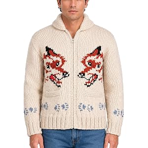 Men's Project Ryan Gosling Haill Mary Fox Intarsia Zip-Up Knit Cardigan Sweater, Cream, Chunky Knit, Shawl Collar
