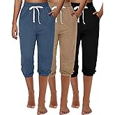 Ficerd 3 Pcs Women's Capri Sweatpants Joggers Summer Casual Sports Cropped Lounge Pants High Waisted Athletic with Pockets