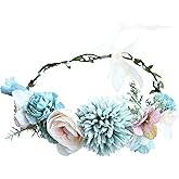 Vivivalue Boho Flower Headband Women Floral Crown Hair Wreath Flower Headpiece Halo with Ribbon Wedding Party Festival Photos Blue