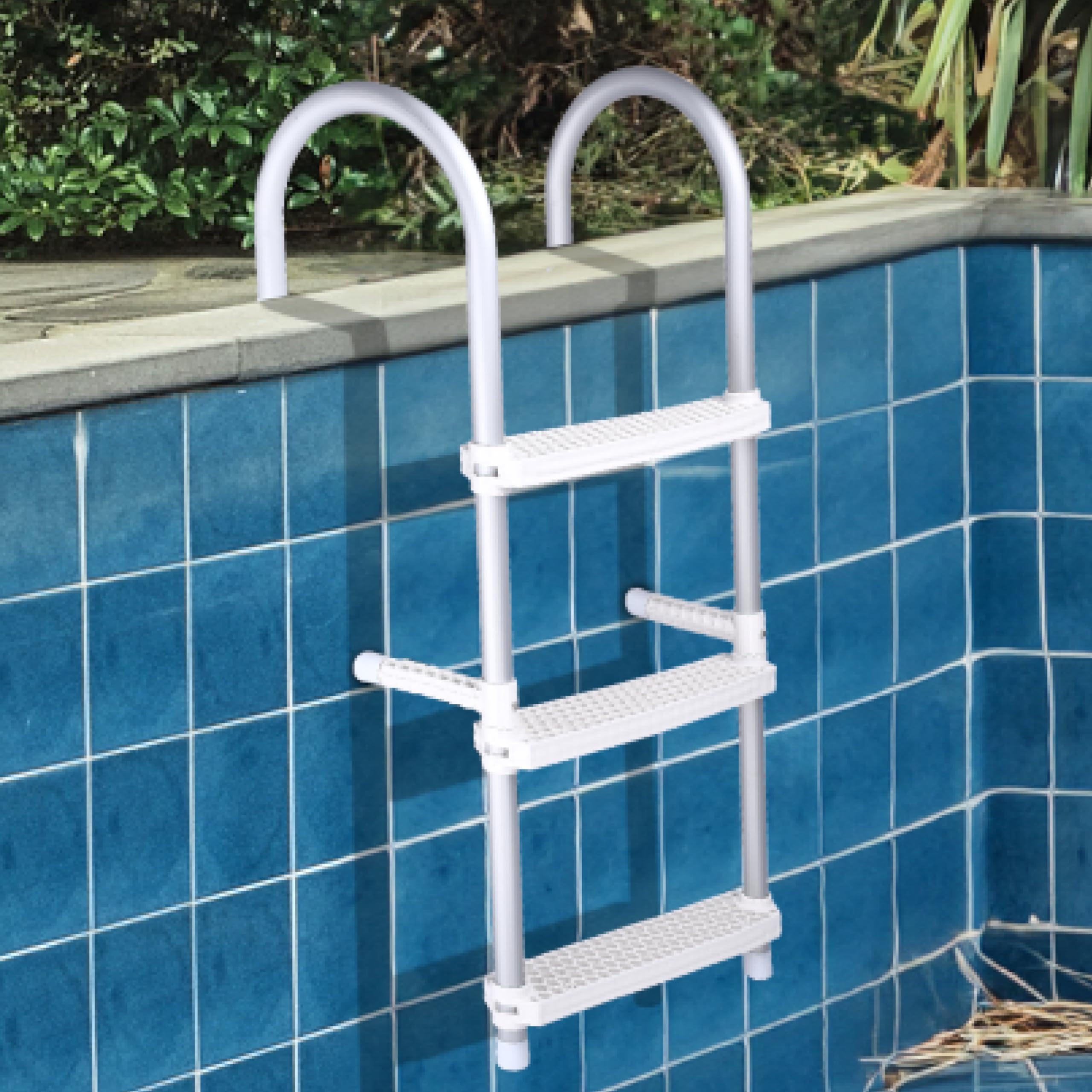 Photo 1 of Edou Direct Swimming Pool Ladder - Aluminum 3-Step Pool Stair with Collapsible Design - Heavy-Duty Dock/Boat Ladder - Easy to Assemble - Extra Wide Telescoping Steps - 21" x 16" (White)
