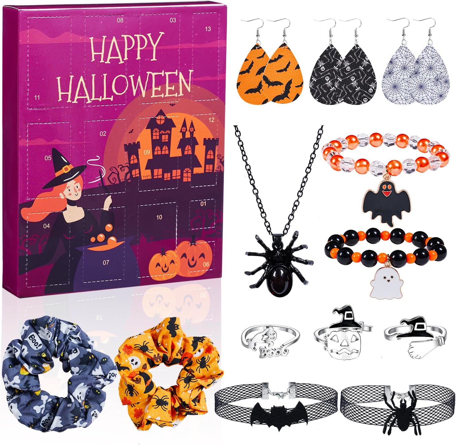 Advent Calendars - Halloween Advent Calendar for Girls Women, 13 Day Halloween Countdown Calendar Halloween Gifts with Necklace Earrings and Halloween hair scrunchies for Teen Girls Women