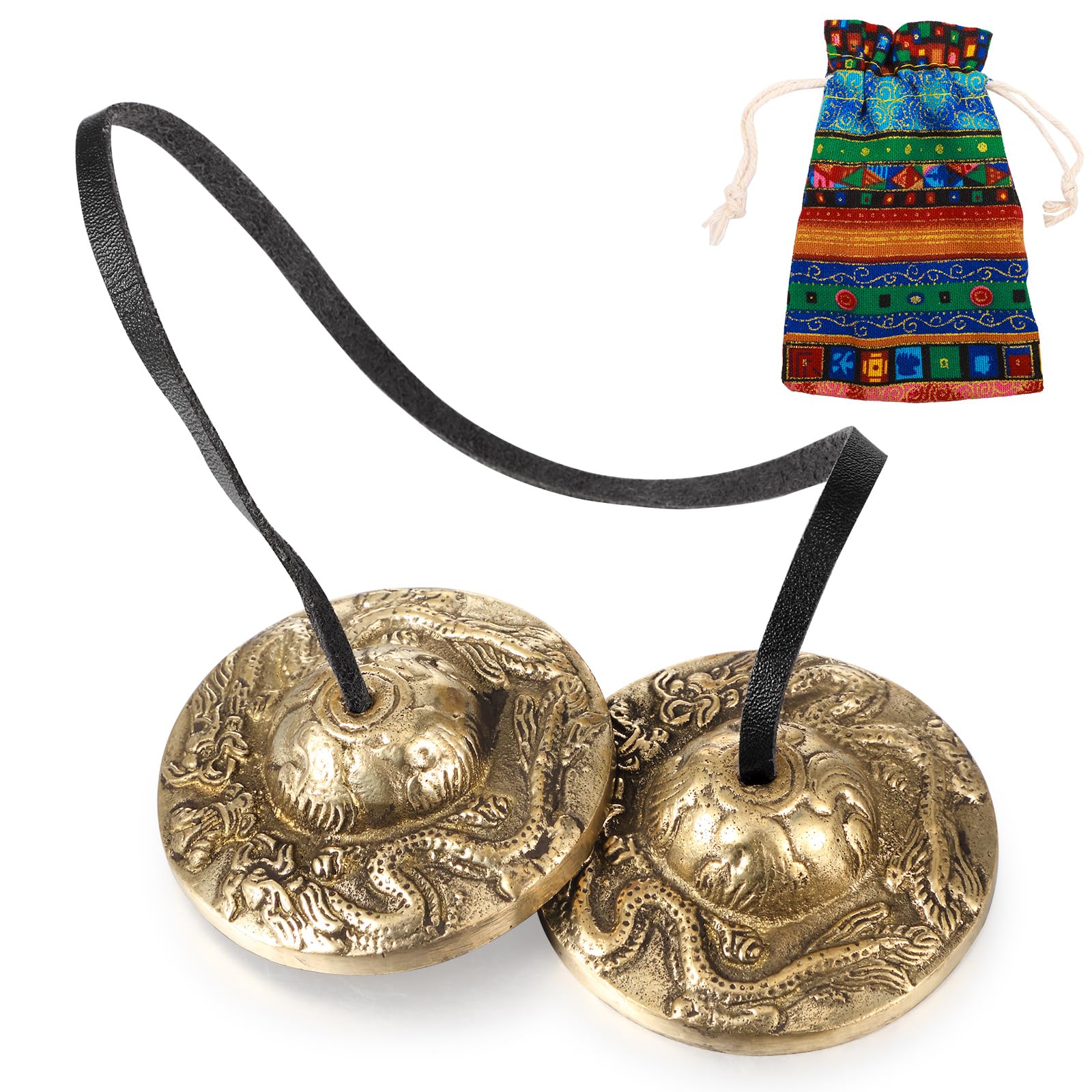 Photo 1 of Boao Tibetan Tingsha Cymbals Meditation Chime Bells with Tibetan Drawstring Cloth Bag, 6.3 cm Meditation Chime Bells, for Percussion Instrument (2 Dragons with Bell Embossed)