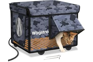WAGSTRO Heated Cat House for Outside, Waterproof Awning & Escape Door Heated Cat Houses for Indoor/Outdoor Cats in Winter, Elevated & Insulated Outdoor Cat Shelter for Feral Cat(Black Camo, 16.5"x12.6"x12.6")