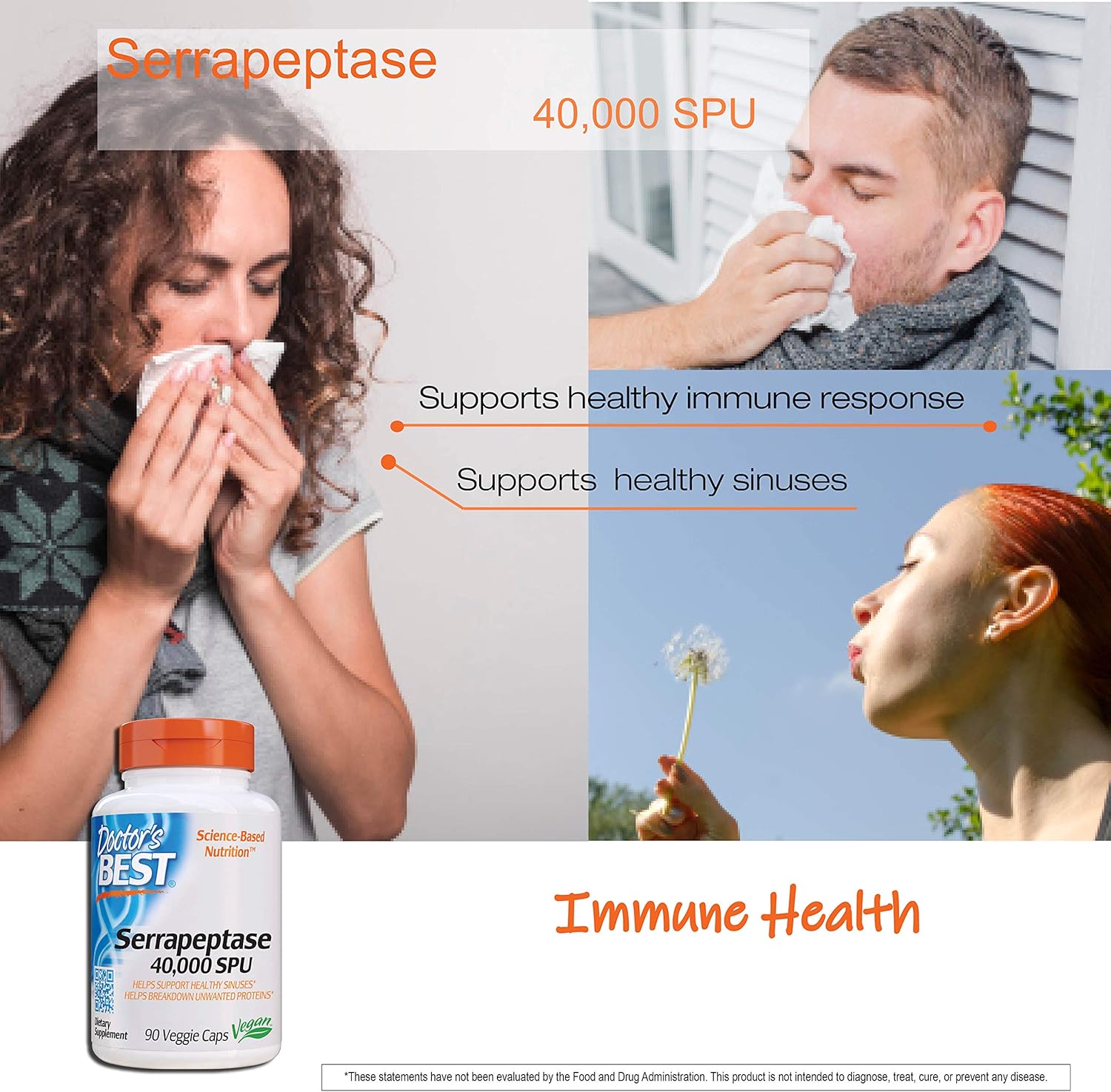 Doctor's Best Serrapeptase, Non-GMO, Vegan, Gluten Free, Supports Healthy Sinuses, 40,000 SPU, 90 Count (Pack of 1): Health & Personal Care