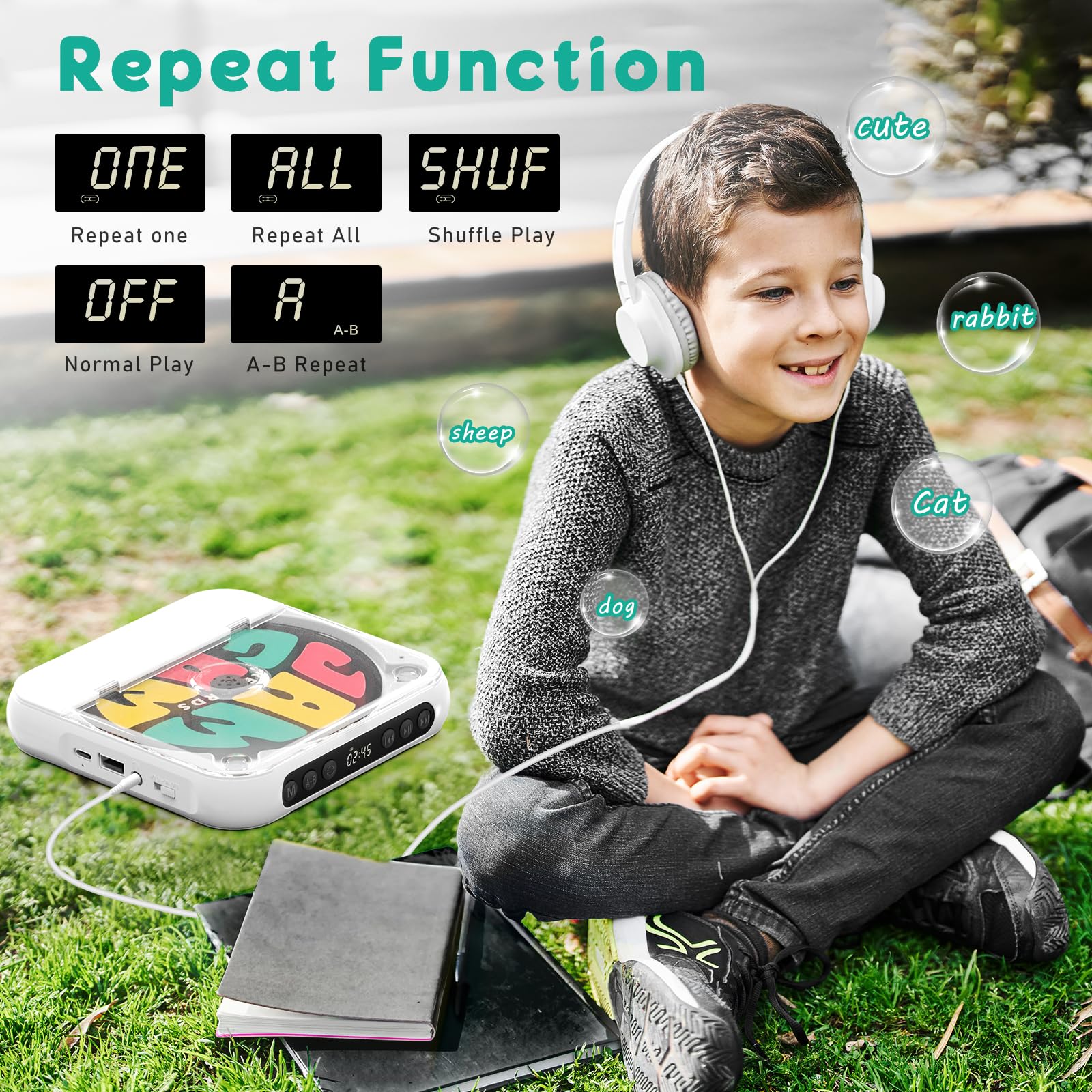 Portable CD Player with Bluetooth, Rechargeable CD Player for Home/Car, Built-in HiFi Speakers, Headphones, LCD Screen, Supports CD/AUX/USB and Repeat Modes, White