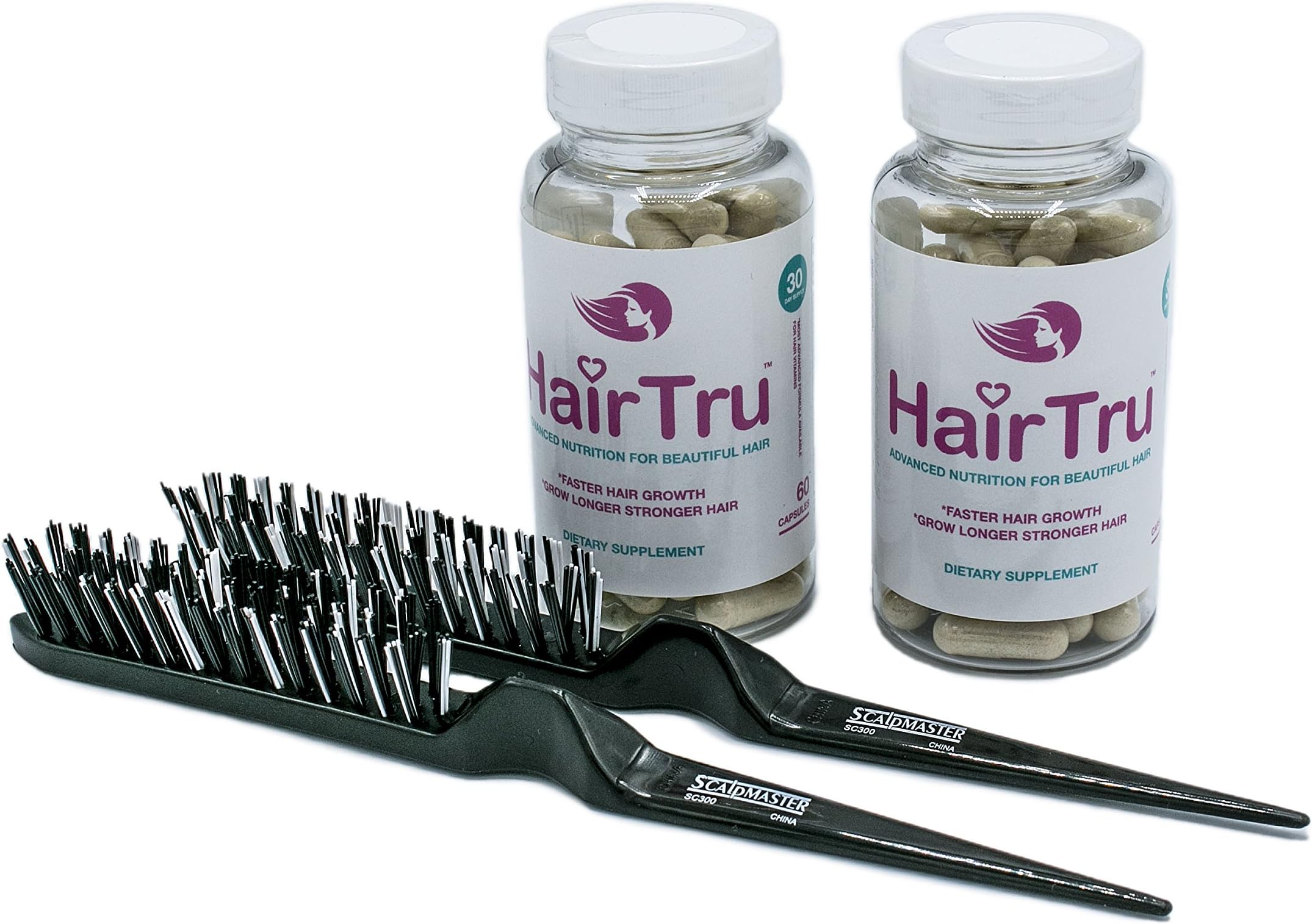 Hair Tru Hair Growth Vitamins, 2 Month Supply with 2 Scalpmaster