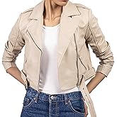 Jild Cropped Leather Jacket Women Lapel Asymmetric Zip Up Moto Biker Short Coat with Belt