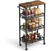 VASAGLE 4-Tier Slim Rolling Storage cart with Wheels, 8.7 Inches, Metal | Slim Utility Rolling Laundry Cart, Rustic Brown and Matte Black , for Kitchen, Living Room, DACEY Collection ULRC033B01
