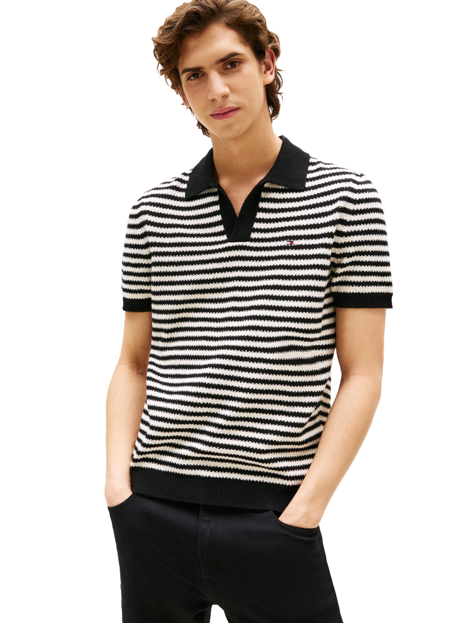 Tommy Hilfiger Men's Short Sleeve V-Neck Knit Polo Shirts in Regular Fit with Stretch