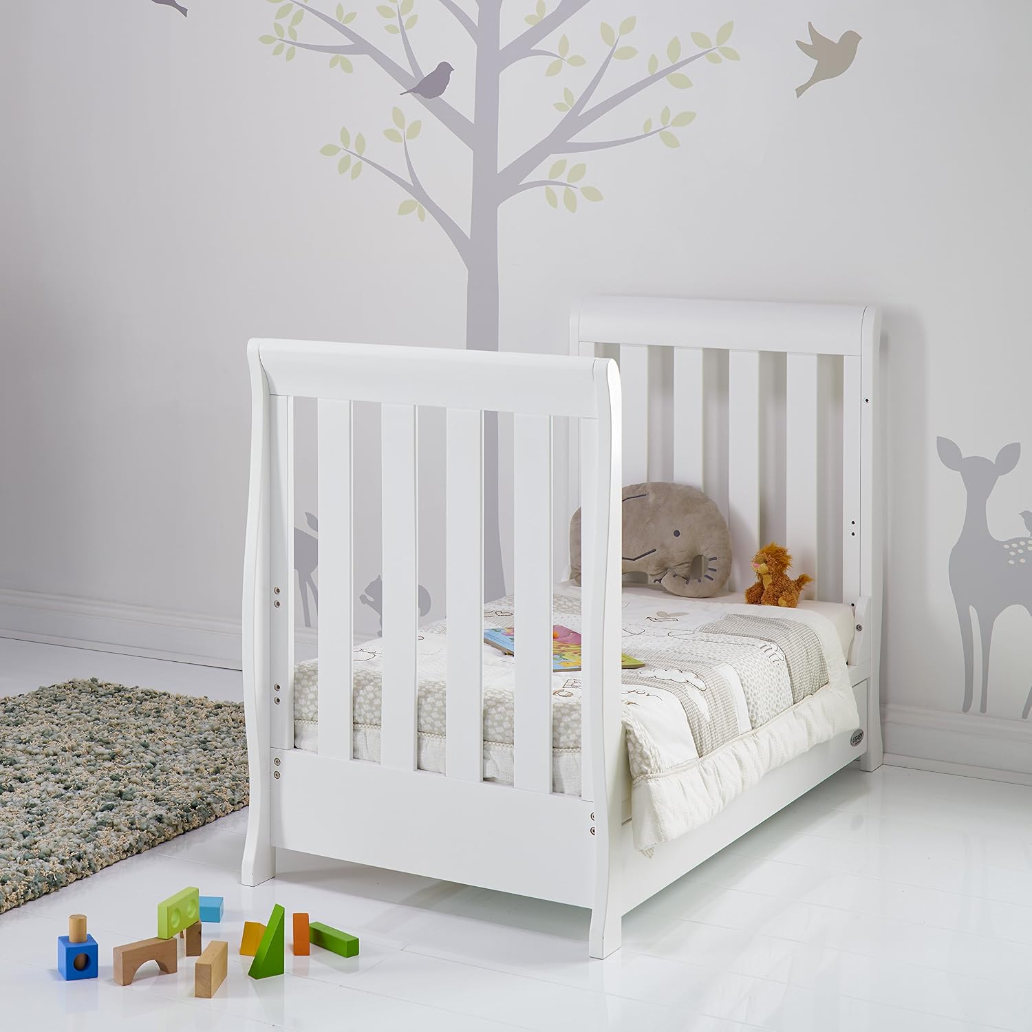 Obaby Stamford Sleigh Mini Cot Bed - White, 134L x 65.3W x 90.7H cm - Image 3