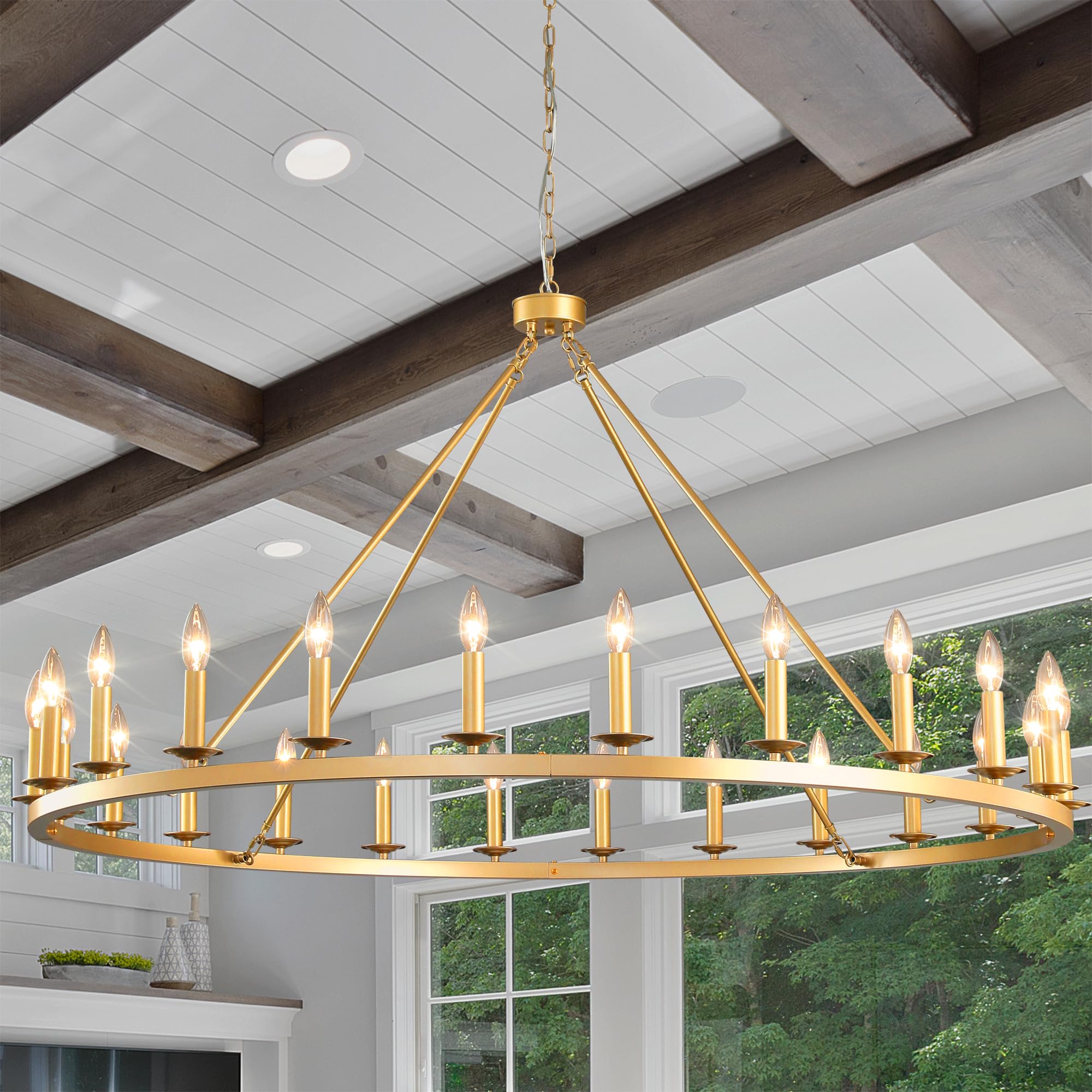 Photo 1 of QJMPP Gold Wagon Wheel Chandelier 53-Inch 24-Light,Extra Large Circle Rustic Farmhouse Light Fixture,Round Metal Chandeliers for Foyer Entryway Dining Room Living Room High Ceilings (E12 Base)