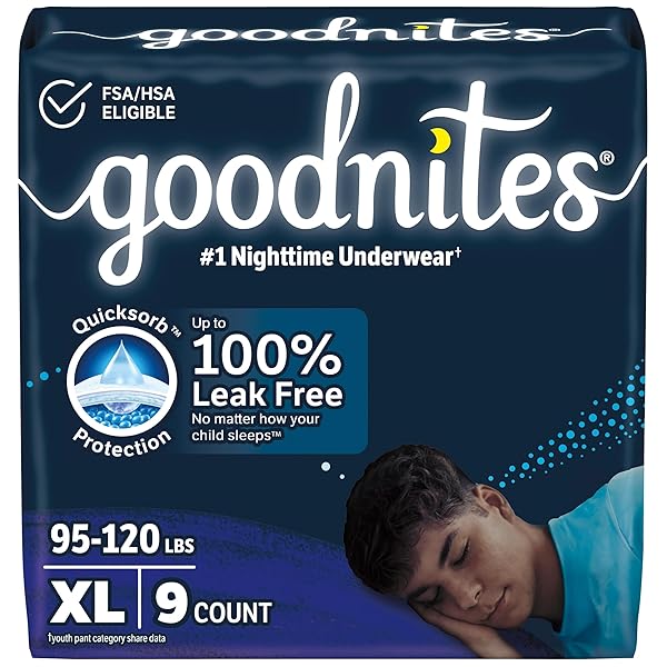 GOODNITES BOYS’ NIGHTTIME BEDWETTING UNDERWEAR, SIZE EXTRA LARGE (95-120 LBS), 9 CT, PACKAGING MAY VARY