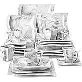 MALACASA Plates and Bowls Sets, 30 Piece Porcelain Dinnerware Sets for 6, Square Dinnerware Set with Dinner Plate, Dessert Plate, Soup Plate, Cup and Saucer, Modern Dish Set, Marble Grey, Series Flora