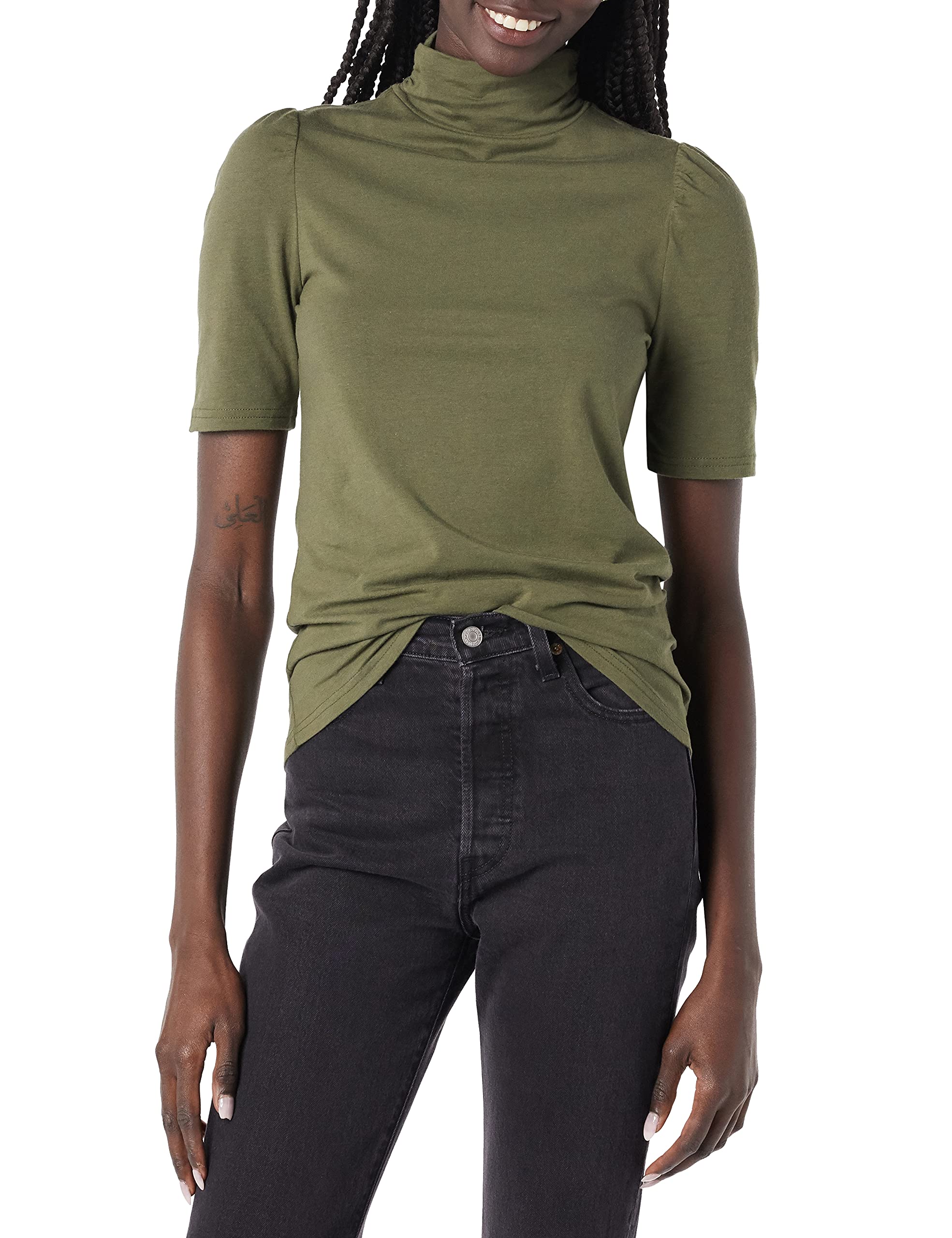 Photo 1 of Amazon Essentials Women's Cotton Modal Draped Puff Sleeve Turtleneck, Olive, Small
