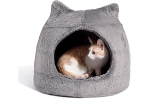 Best Friends by Sheri Meow Hut in Fur Cover Dome Cat and Dog Bed, Gray, Small