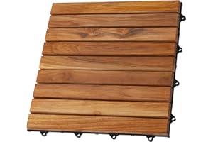 Nordic Style Teak Interlocking Tiles - Wooden Floor Tile Set for Indoor and Outdoor Use - Perfect for Sauna, Patio, Deck, Spa Floors - 10 Square Feet (12" x 12" - 9 Slat Design, Oiled Finish)