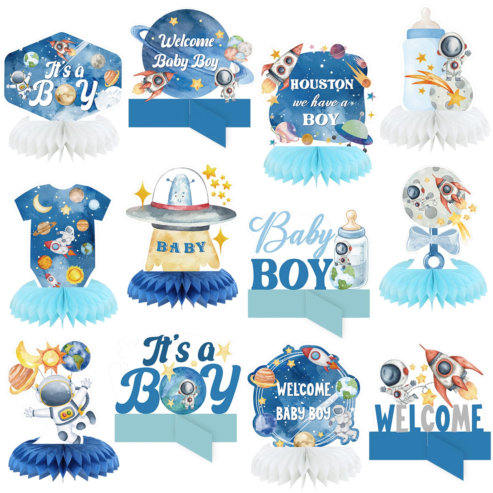 Photo 1 of 12 Pcs Outer Space Baby Boy Shower Decorations Welcome It's a Boy Baby Shower Honeycomb Centerpieces Blue Astronaut Rocket Bottle Planet Table Topper Table Decoration for Birthday Party Favors