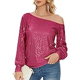 Genhoo Long Sleeve Sequin Tops for Women Off The Shoulder Glitter Sparkly Tops Dressy Party Shirts for Holiday Evening Party