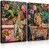 2Pcs Bathroom Leopard Wall Art Bathtub Animal Wall Decor Fun Bathroom Painting Pictures Trendy Leopard Poster Prints Suitable for Living Room Bedroom Ready to Hang (12x16in Canvas)
