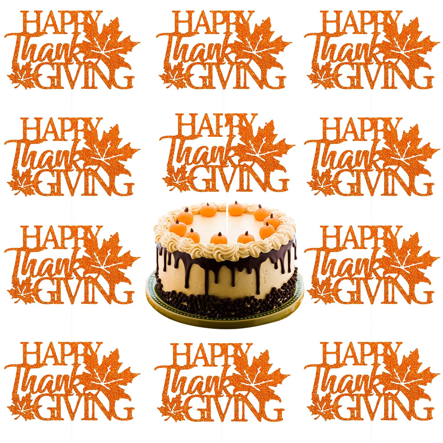 Photo 1 of 10Pcs Maple Leaf Cupcake Toppers - Orange Glitter Happy Thanksgiving Cake Topper - Fall Leaves Cake Decoration for Thanksgiving Day Theme Party