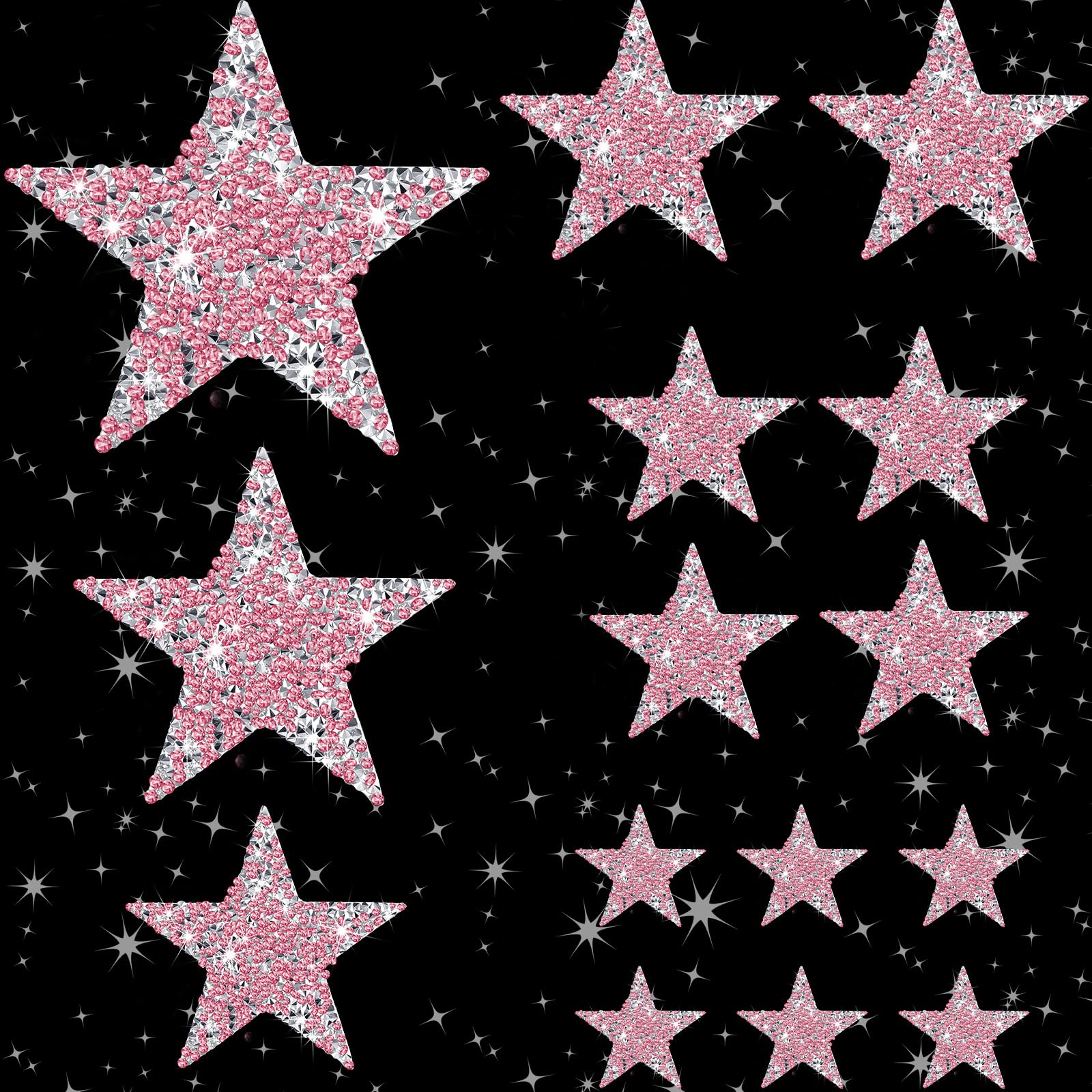 Photo 1 of 12 Pcs Iron on Stars Patches Rhinestone Adhesive Applique Hot Glue Rhinestone Stars Glitter Crystal Patches for Clothing Shoes Bags Hats Repair Decoration and DIY Accessory, 3 Sizes(Pink)