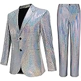 Nawgut Sequin Blazer Metallic Slim Suit 2 Piece Set Disco Prom Shiny Outfit Wedding Party Banquet Fashion Jacket Pant