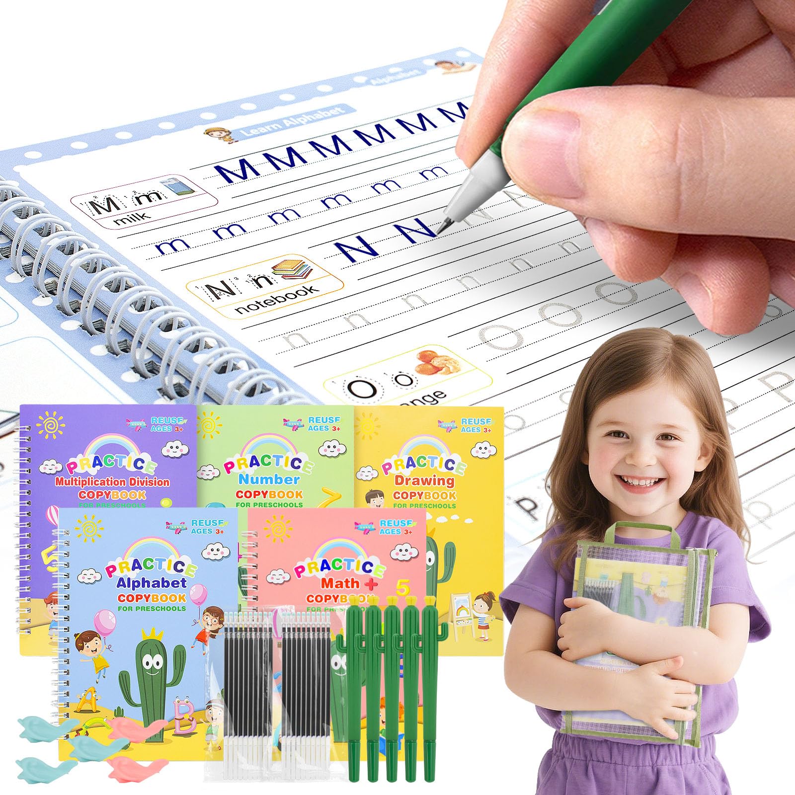 Photo 1 of **MULTIPLICATION & DIVISION*** BYFWH Magic Practice Copybook, Reusable Writing Practice Book, Grooved Handwriting Copybook Set for Preschool Kids Age 3-8 Calligraphy 5.7 * 7.9 inch (5 PCS with 5 Cactus Pens & A Storage Bag)