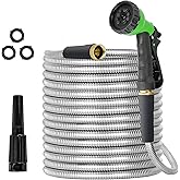 TVKB Garden Hose 100ft Stainless Steel Water Hose Super Tough Flexible Water Pipe with Brass Fittings and Sprayer Nozzle, No Kink, Rust Proof