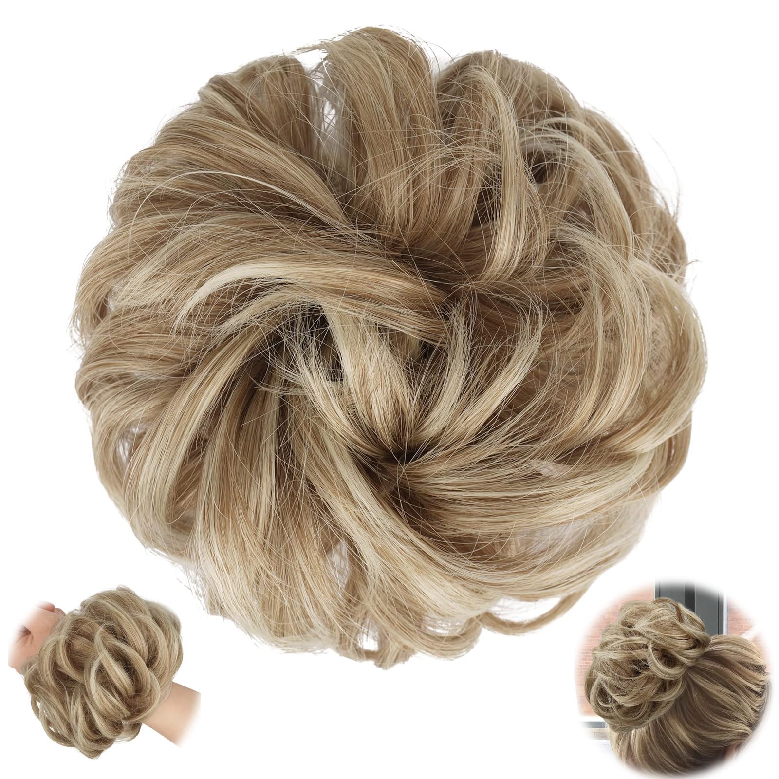 Messy Bun Hair Piece Hairs Scrunchies Thick Curly Wavy Hair Piece Synthetic Donut Updo Hairpieces for Women Girls, Mixed Blonde and Ash Blonde Tips