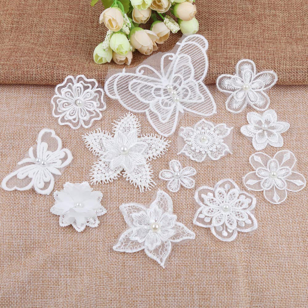 Pack of 12 Lace Organza Embroidery White Pearls Butterfly Flowers Applique Patches Sticker Applique Patches for Sew-On Embroidered Crafts and Decorating Clothes Tablecloth Bags Scarf