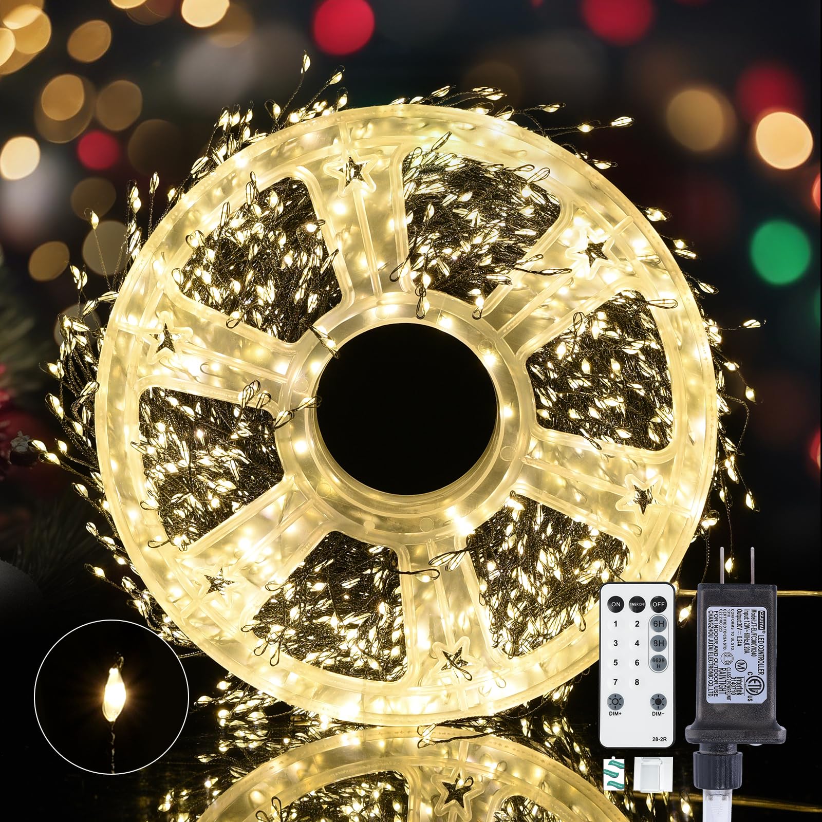 Dailyart Fairy Lights Plug in, 2000 Led Twinkle String Light with Remote 130Ft Waterproof 8 Modes Warm Cluster Lights with Timer for Bedroom Wreath Window Wedding Christmas Tree Decoration,Black Wire Image