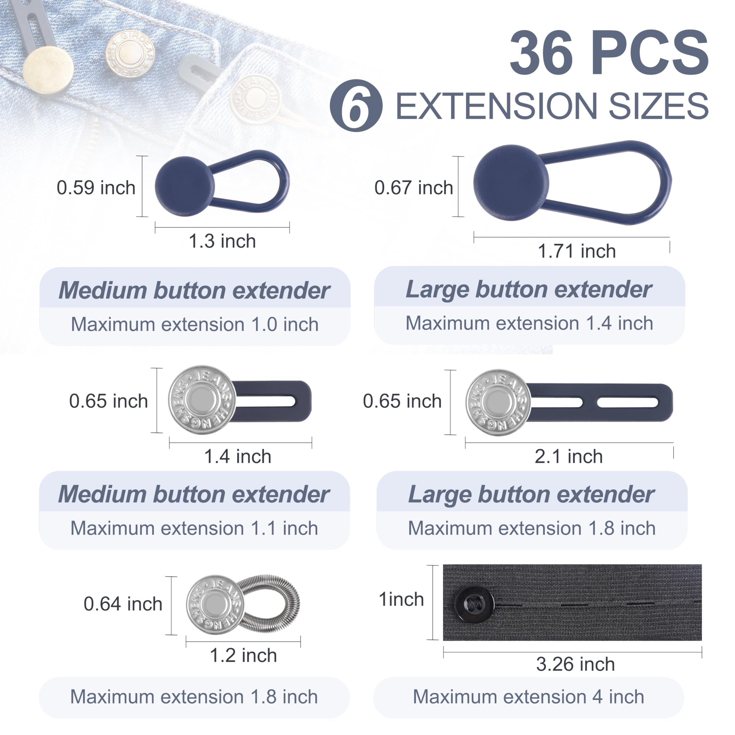 36 Pcs No-Sew Button Extenders for Jeans, Adjustable Pants Button Extender, Invisible Waistband Extenders with Fabric Belts and Zinc Alloy Buttons, Comfortable Pants Extender for Women and Men