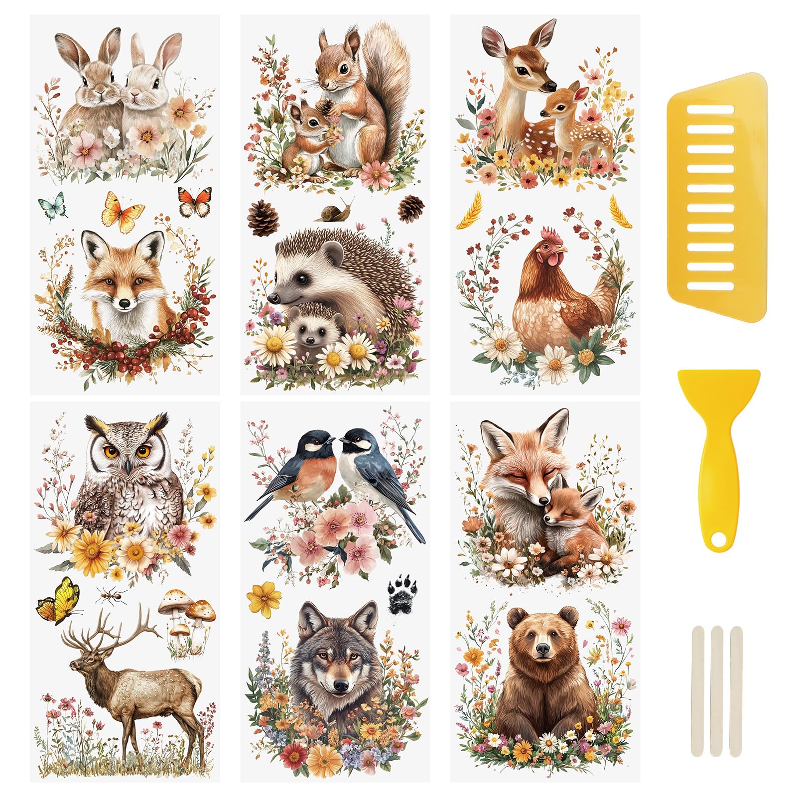 WANDIC 6 Sheets Rub On Transfer Sticker, Animal Theme Flower Sticker Decal for DIY Scrapbooking Photo Albums furniture, 15 * 30cm