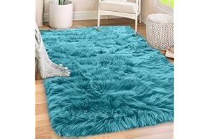 Gorilla Grip Fluffy Faux Fur Rug, 5x7, Machine Washable Soft Furry Area Rugs, Rubber Backing, Plush Floor Carpets for Baby Nursery, Bedroom, Living Room Shag Carpet, Luxury Home Decor, Turquoise