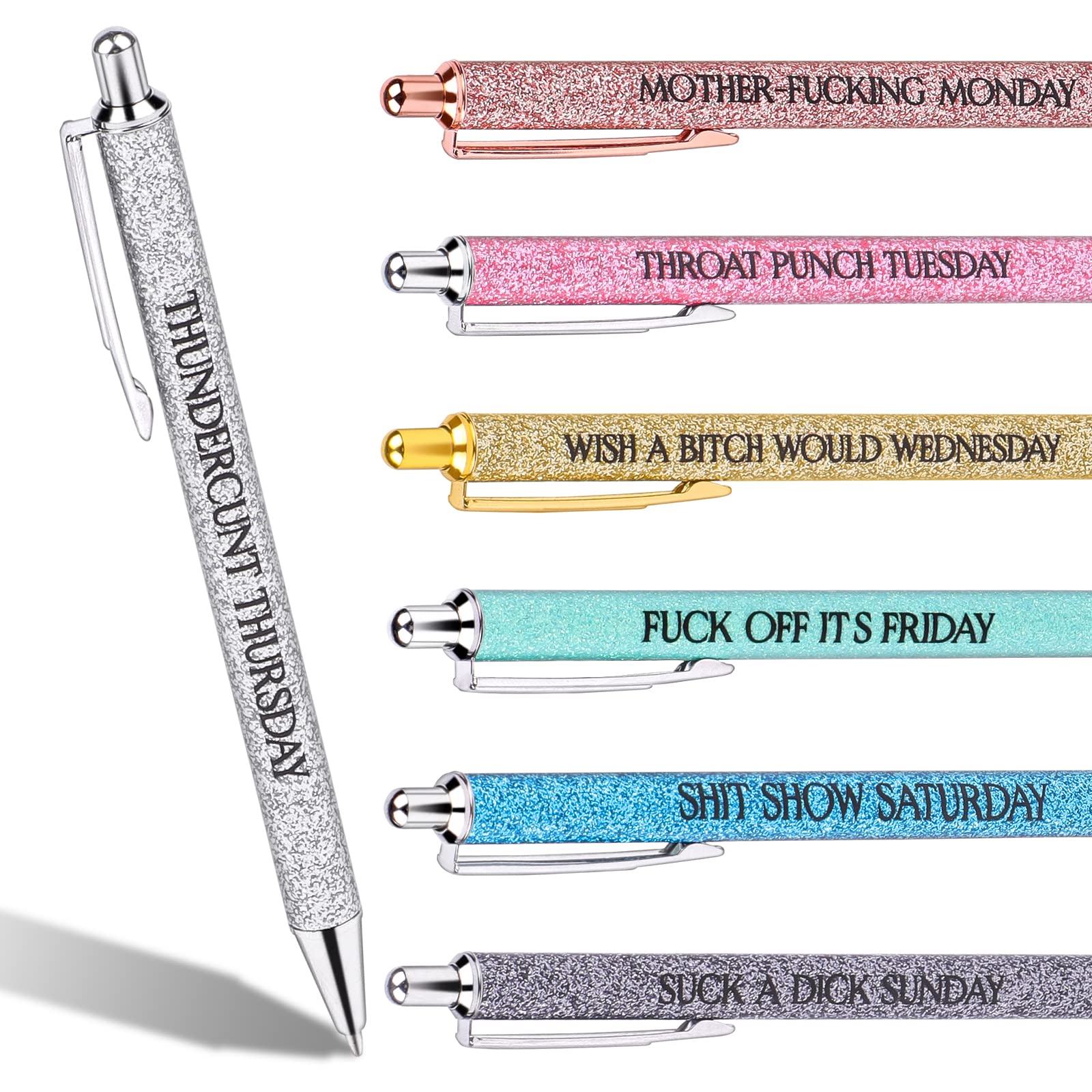 Tikplus 7 Pcs Retractable Ballpoint Pens, 1.0mm Week Funny Pens, Black Ink Metal Glitter Pen, Smooth Writing Rude Pens for Kid Adult Writing Drawing School & Office Accessories — image 1