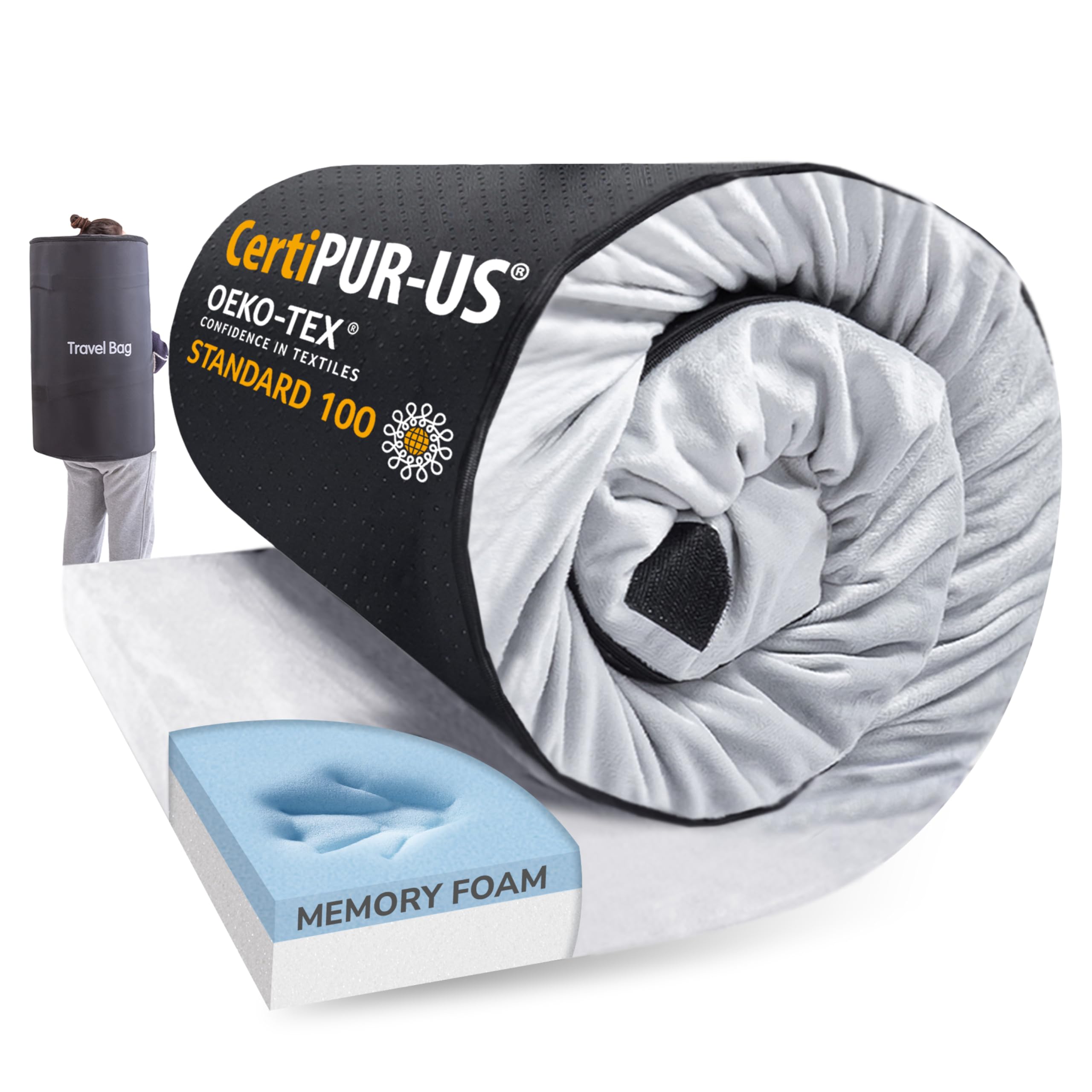 Memory Foam Camping Mattress 2.5 inch, Kids Portable Roll Up Camping Sleep Topper with Waterproof and Non-Slip Bottom, Camping Car Mat with Travel Bag, 63"×26"×2.5", Grey Image