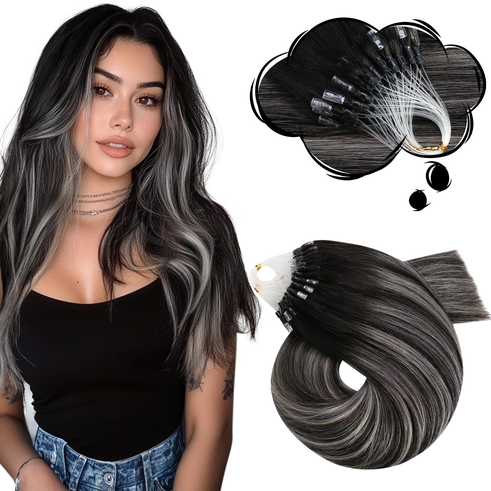 Moresoo Micro Loop Hair Extensions Real Human Hair Balayage Natural Black to Silver Cold Fusion Micro Ring Hair Extensions Ombre for Women Daily Use 14 Inch 1g/s 50g/Pack #1B/Silver/1B — image 1